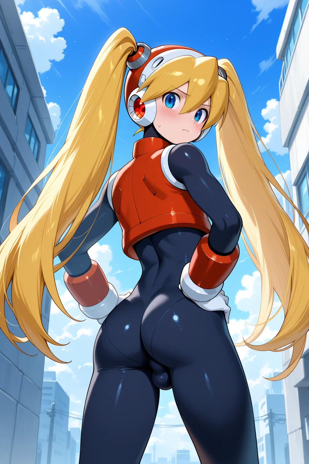 sexy, Mason, big breasts, big butt, Back, smiling, long blonde hair and green eyes, black cropabove, above, Jacket, blue pencil skirt, Red boots, white gloves, high heel boots