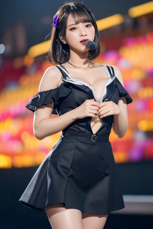 Highest quality, masterpiece, Ultra-high resolution, (Realistic:1.4), Beautiful woman, ((Big Breasts)), (((Short Bob))), Beautiful Skin, Fine skin, 魅惑的なsmile, Background blur, smile, Hair over the ears, Cute Japanese Idols, beautiful girl, Fair skin, Voluptuous, Plump body, Stage Costumes、Stage Lighting, Festival, Dancing on stage,