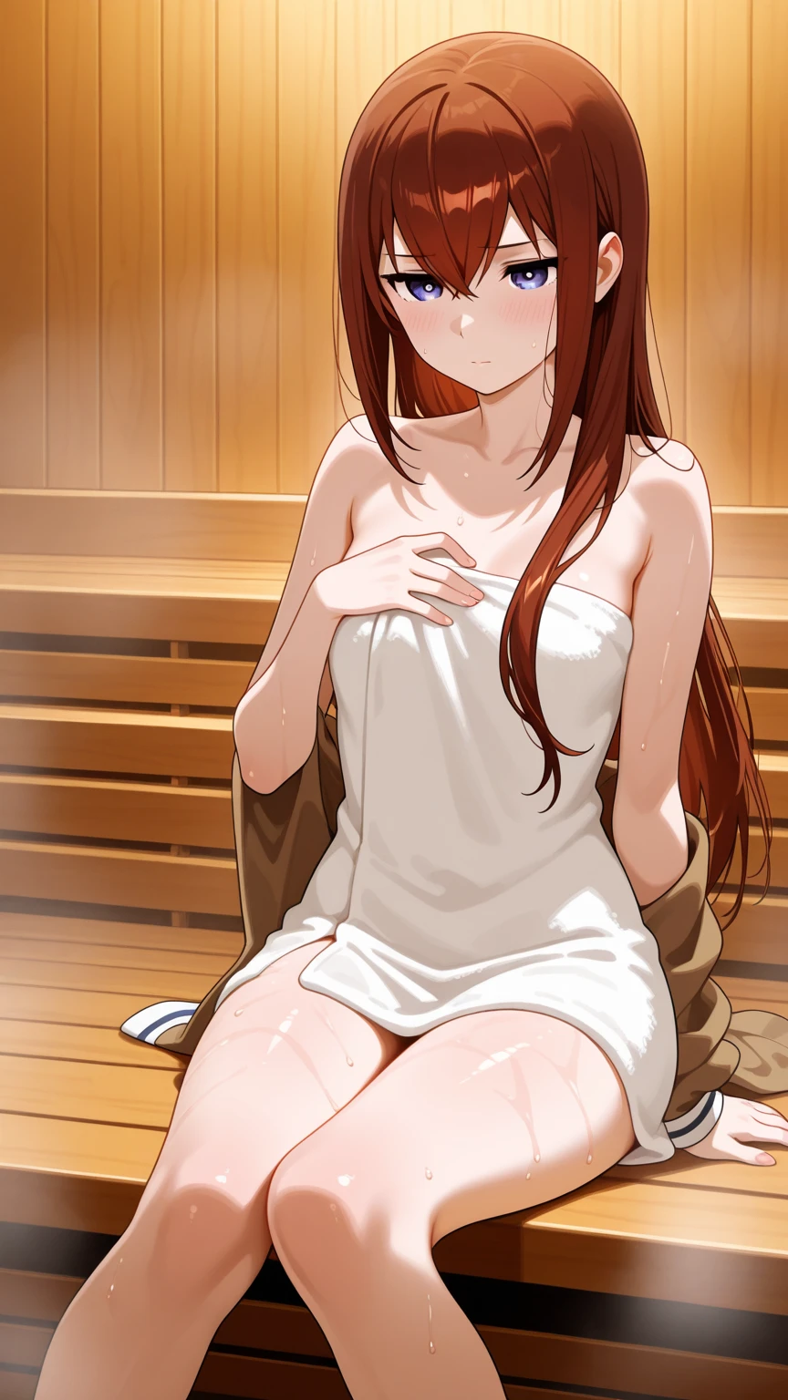 1girl, brown hair, long hair, hair between eyes, bangs, golden brown eyes, sitting on wooden bench, wooden cabin, feet_out_of_frame, bath house, indoors, naked bathrobe, medium breasts, tall, mature female, long legs, smile, blush, reaching out, long sleeves, masterpiece, best quality,, (waifu, anime, exceptional, best aesthetic, new, newest, best quality, masterpiece, extremely detailed:1.2),