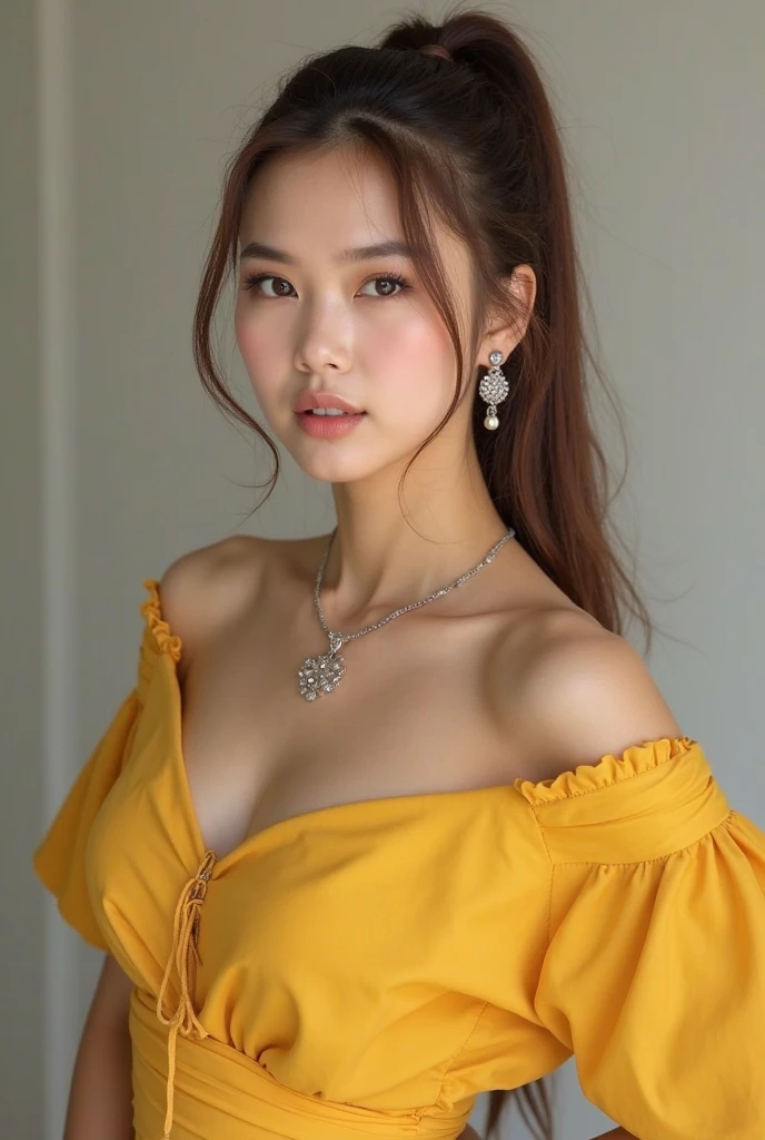 1 Indonesian-Dutch girl, 20 years old, long fashion hair, fit body, small cleavage, skintight white lace kebaya transparan, batik mini skirt, masterpiece, highly detailed, ultra hd, 8k, detailed face, bright eyes, perfect eyes, detailed skin texture, detailed lips, sexy lips, perfect hands, dramatis. rendering, dynamic angle, cowboy shot, NSFW nudity, (puffed breast, ample cleavage)