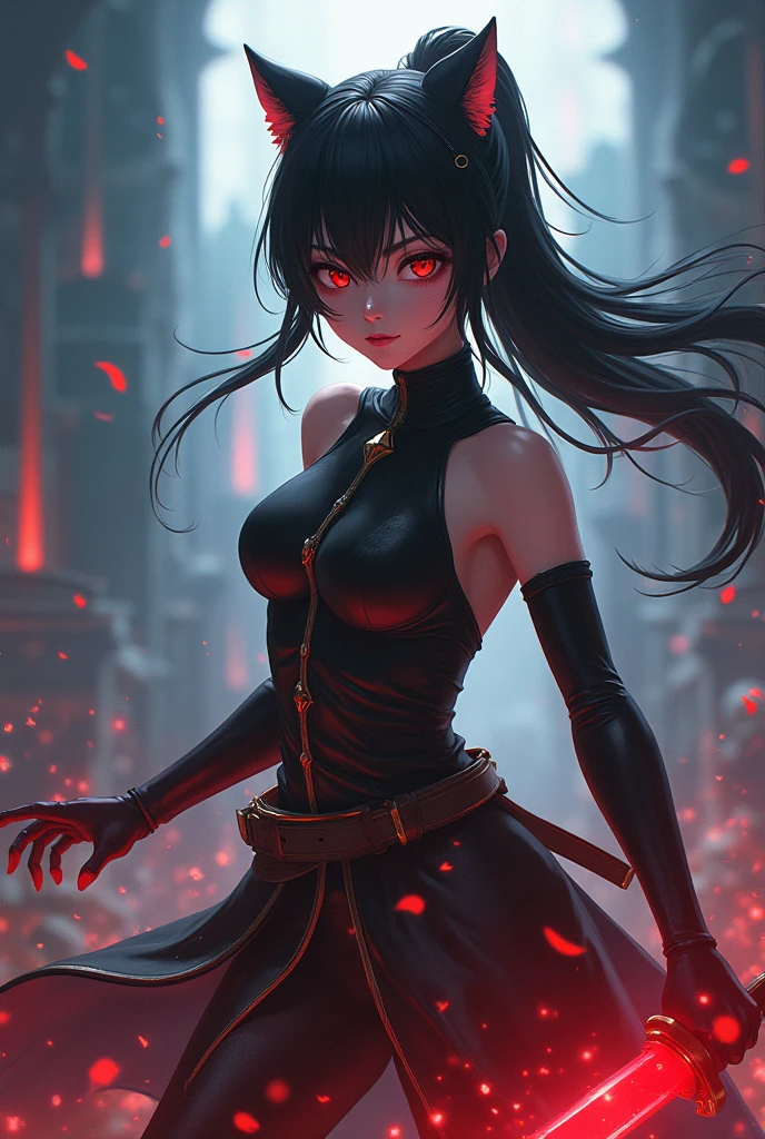 Beautiful images,Detailed Images,Official image,A woman wielding a Japanese sword,Blonde,Red Eyes,Ponytail Hair,Model body type,(Dark Skin:1.3),Elf Ears,Large Breasts,(Black ninja suit,Jet Black Cloak:1.3),