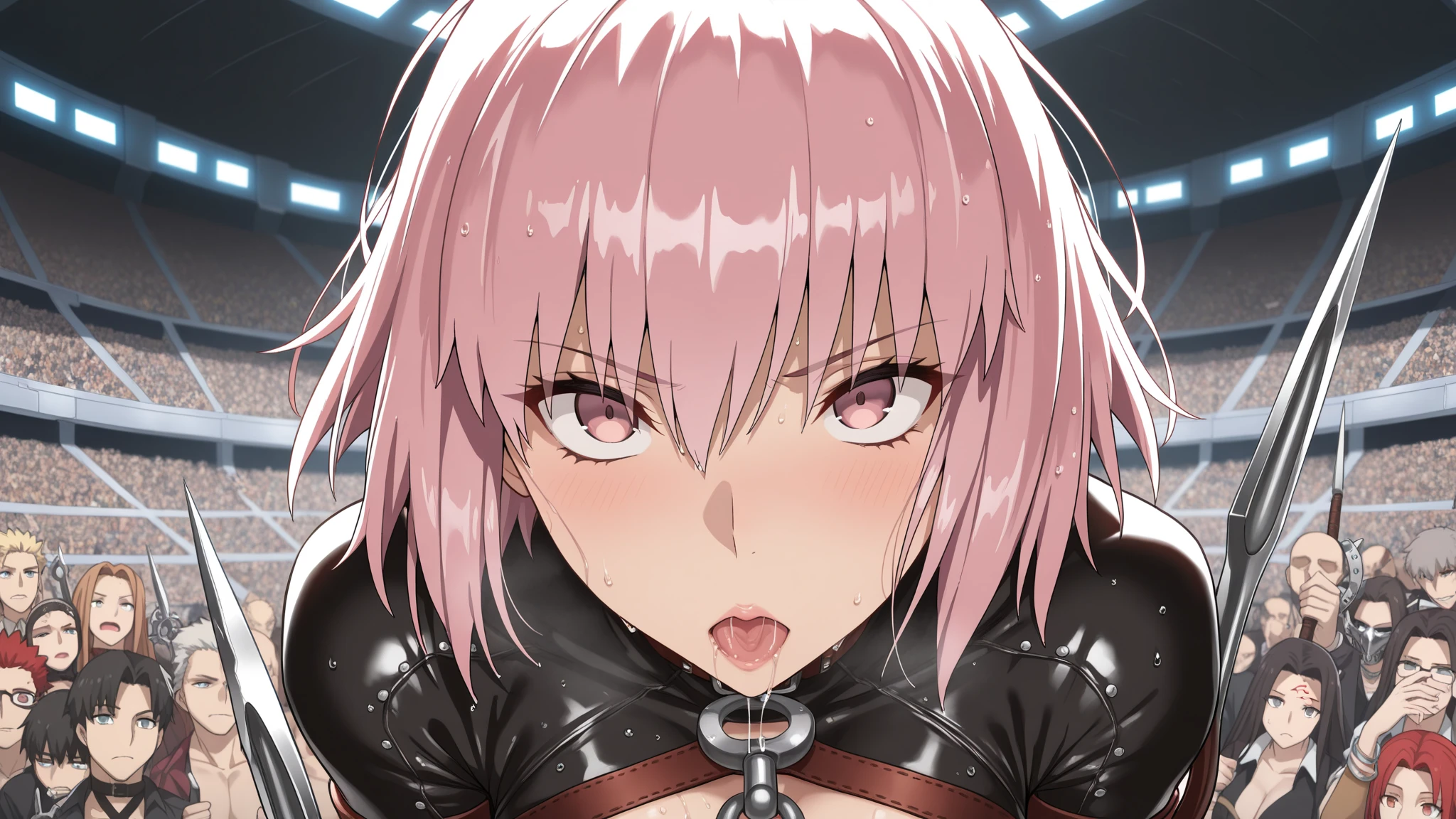 (8K, top-quality, masterpiece:1.2), (reallistic, Photorealsitic:1.37), Super Detail, One girl,), (Highly detailed), (beautifully detailed eyes), (of the highest quality), (super detailed ), (masterpiece), (Detailed face), 20yr old, 1 girl, (pink hair,long hair), medium breasts, clothed, Perfect Lighting, BREAK (black and white color scheme:1.2), (monochrome:1.2), (metallic silver accents:1.2), (shiny bodysuit:1.5), (stretchy fabric:1.3), (leather:1.3), (vinyl:1.3), (chain details:1.5), (high-neck bodysuit:1.4), (long sleeves:1.4), (zipper with chain pull:1.4), (wide-leg bodysuit with O-ring:1.5), (high-waisted:1.4), (body-hugging silhouette:1.4), (silver accessories:1.4), (choker with chains:1.3), (handcuffs:1.3), (silver metallic platform boots:1.5), (boots with O-ring and chain:1.5), (statement earrings with chains:1.4), BRAKE (upper body and thighs:1.2), (long pink hair:1.2), (waves and side-swept bangs:1.2), (mysterious expression:1.2), (face turned slightly:1.2), (pulling chain:1.2), (hand on thigh:1.2), (white background:1.2), (bright light:1.2), BRAKE (sweat:1.5), (steam:1.2), (masturbation:1.2), (girl trembling with sexual climax:1.1), (looking at viewer:1.3), (open mouth:1.2)