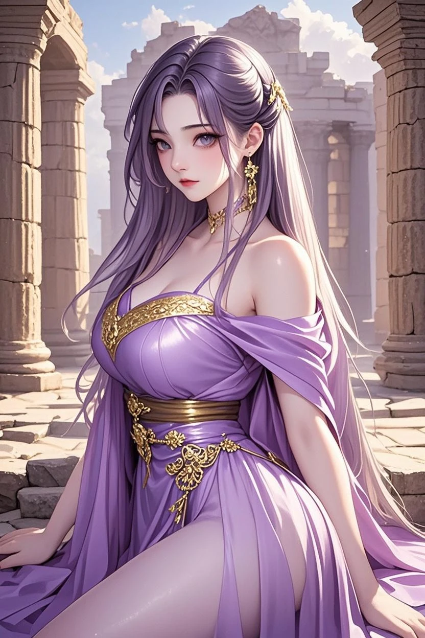 A girl with long black hair with purple peekaboo highlights, opal eyes, fair skin tone, slender and athletic built, expensive dress, detailed hair, detailed body, best quality, aesthetic,8k,realistic