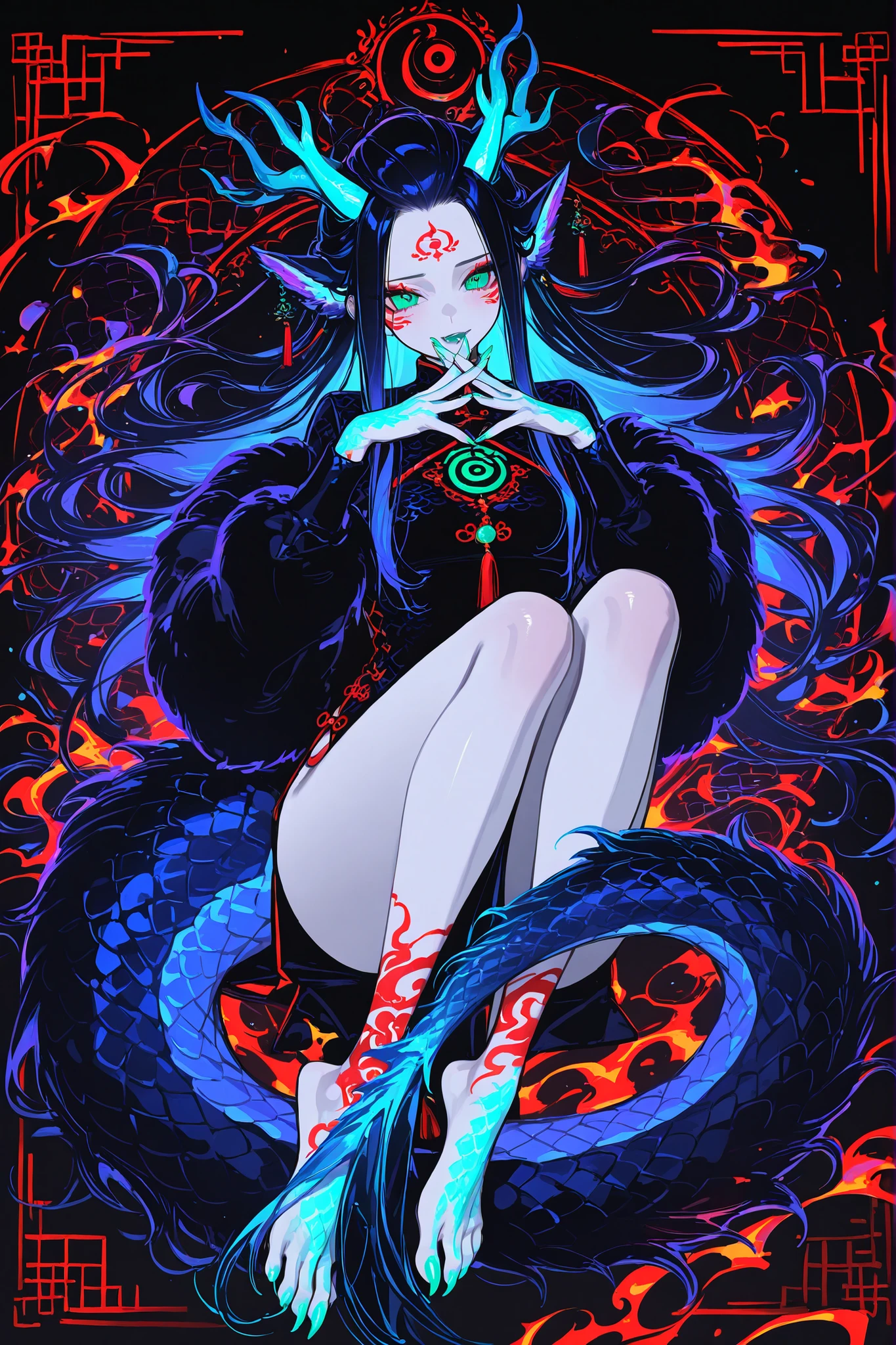 Girl is Azure dragon Lúng,she is hybrid of Eastern dragon. She has a sporty feminine bodybuilding. She has a pale skin covered with navy blue and azure scales with Nazar pattern. She has red fire stripes tattoos on her face , and all over her body. Her lips navi blue, she has a gold sharp fangs. She has jet-black straight middle hair with indigo blue highlights, her bangs are pinned up and pulled back. She has green jade eyes with narrow beast pupil. she has 4 curved branched dragon horns are located on the forehead. She has long pointy blue fluffy dragon ears. She has a immensely long mighty scaly dragon tail with black mane along the spine and black fluffy tassel on tip of her tail. She has long golden crescent-shaped claws on her hands fingers and feet toes. She's wearing a red Chinese qipao. She she's barefoot. On the background: the garden of the Chinese temple high in the mountains.