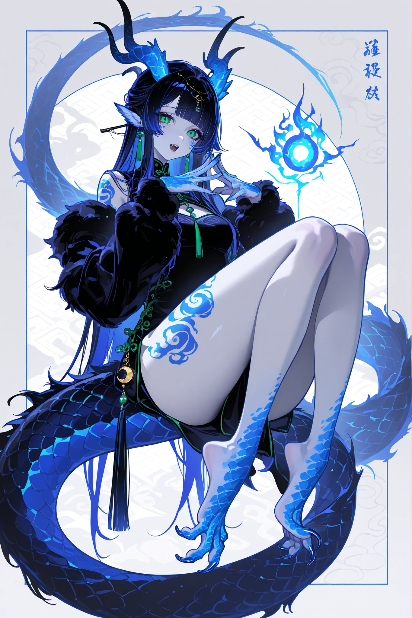 Blue long-haired goddess with dragon horns, tail, scales, claws, underwear, bare feet and full body，Sea