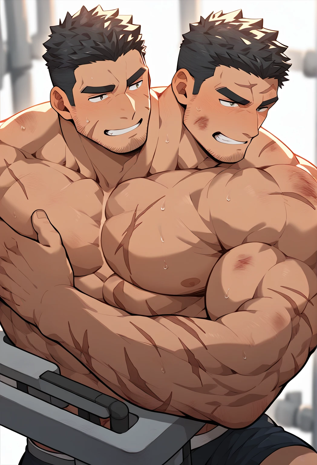 Ash Ketchum and from Pokémon and his long-lost twin brother flexing their biceps under hypnosis with glowing red eyes as they grow into big dumb sweaty hairy muscular football jock bros in a locker room and hypnotize others to be the same. Hyper muscles. Massive muscles. Big biceps. Big triceps. Big traps. Broad shoulders. Big pecs. Bulging crotch. Hyper crotch bulge. Dumber and dumber. Blank stare with open mouth while saying, "I am a dumb jock.... I obey.... Dumber and dumber.... Hairier and hairier.... Yes, Coach.... Huhuhuhuh...." Slumped shoulders. Hypnosis. Brainwashing. Bigger and dumber jock bros. Assimilation. Transformation into big dumb muscular jock bros. Slumped shoulders. Massive crotch bulge. Bulging glutes. Thick stubble. Hairy armpits. Repeating triggers to be dumber and dumber each time they say them to think and focus only on growing muscle and being the perfect football jocks. Brainwashed Hairy brutes. Crass.