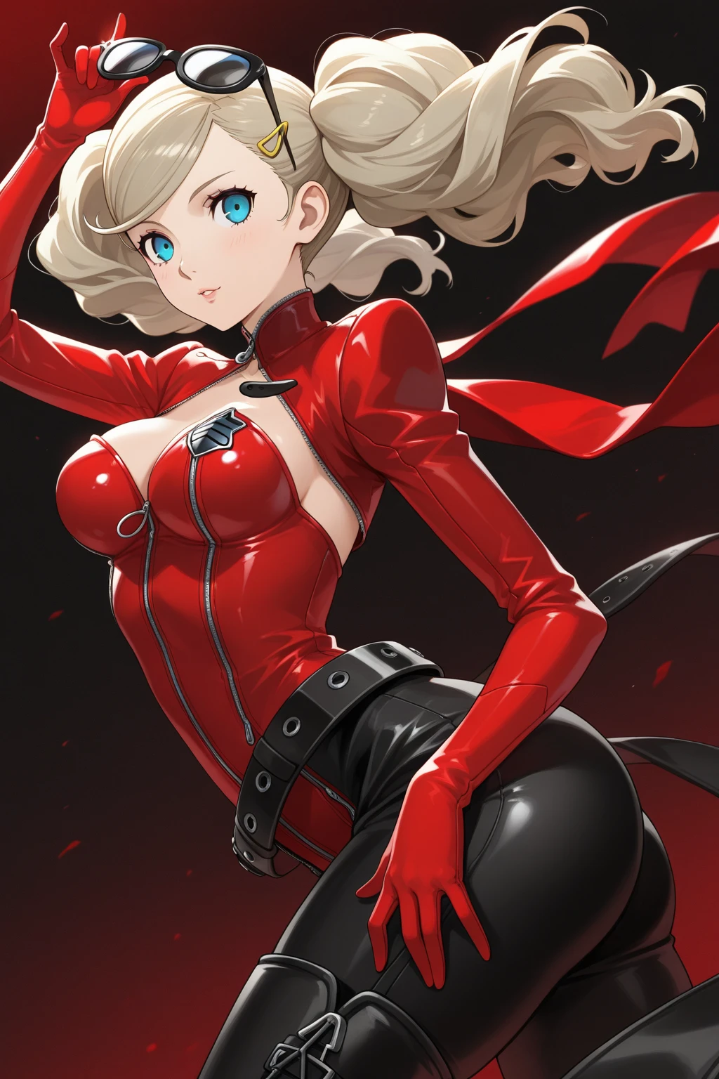 A woman in a red uniform, scarlet eyes, unbuttoned shirt revealing black lingerie and deep cleavage, smiling with vampire fangs, seductive pose, 8k, photorealistic, high quality, chiaroscuro lighting, cinematic, dark moody atmosphere, dramatic shadows, supernatural, gothic, erotic