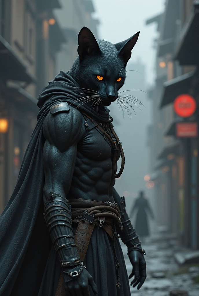 Black cat with huge muscles like bodybuilding champions wearing prison clothes realistic real