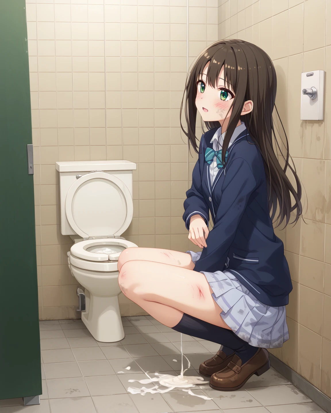 best quality, Girls pee on breasts, cat ears, Long hair, extralange Koteletten, girl pee, piss, pee, pee self, lineares pee, looking down, (blush:1.5), Full body shot, from bottom, squirt, breasts, 