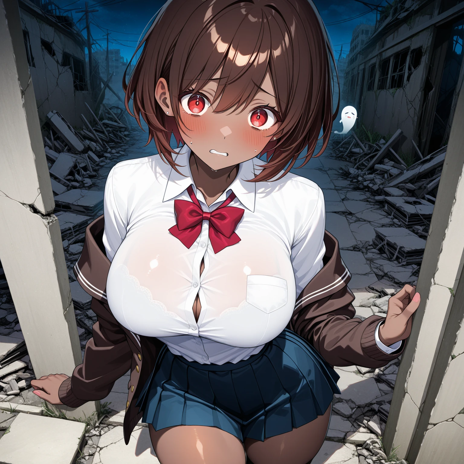 masterpiece, middle ages, battlefield, rubble, Devastation, Black Hair, blunt bangs, short hair, Ahoge, blue eyes, ((((nude)))), 1boy, open mouth, spread legs, front, abs, front, arms behind head, (((Small breasts))), (((glaring))), fang, ((smile)), ((scared)), grin, Crying face