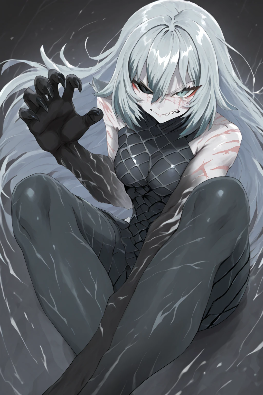 solo, female, holographic woman being projected, floating over high tech pedestal, bored expression, ((blue and black static)), dark blue skin, static skin, knee up, hugging knee, lonely, long hair, blue hair, transparency on hair, sfw, dark, isolated, basement, (((black and blue static skin))), (((surrounded by shadows:1.4))), close up