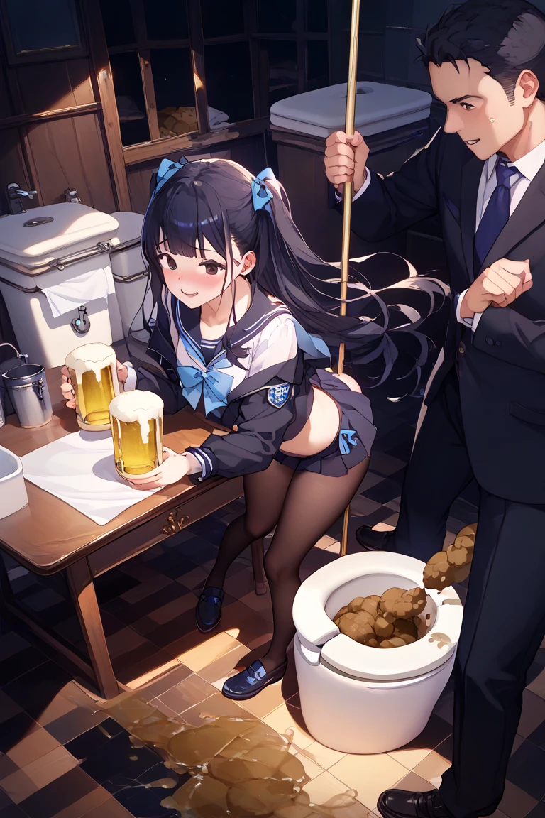 Young girl with grey hair, ((fringed and curly hair)),((curly short twintail)), curly hair ,(red eyes),, ((small bushy eyebrows)), wearing gothic lolita clothing, lolicon , walking to school, bored look, bored face , suddenly having sex in public, ((doggy style sex)), ((public sex in a restaurant)) naked ass in the male crotch, perfect anatomy, young boy fucking her