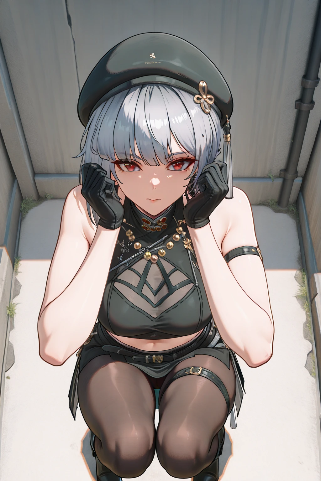 Anime girl with white hair and black clothes sitting on stool, noire, succubus in tight kilt, author：Shitao, by senior character artist, v from devil may cry as an elf, pixiv 3dcg, Elf Girl, cute anime catgirl, small curvaceous loli, thicc, Guweiz in Pixiv ArtStation