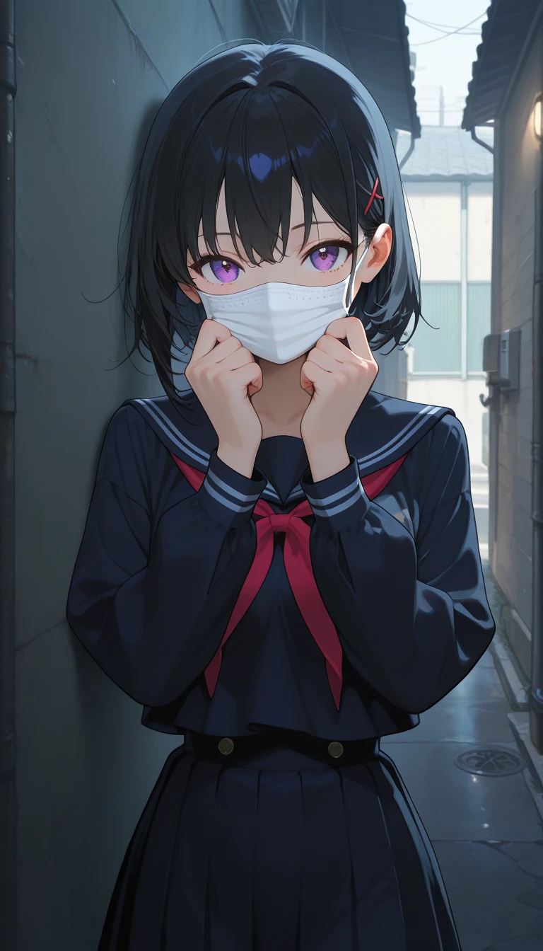 best quality, masterpiece, highres, solo, {misaki_bluearchive:1.15}, short_hair, black_hair, bangs, halo, red_eyes, bandages, bandaged_neck, hoodie, upper_body, ear_piercing, piercing