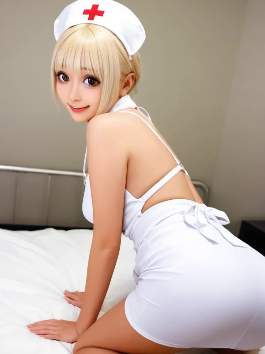 1girl, (solo:1.2), (cowboy shot:1.2), (Beautiful and detailed eyes description), (Beautiful and detailed face), Perfect female body, neat figure, slender waist, (young girl), (20 years old), long hair, platinum blonde hair, very big eyes, blue eyes, medium breasts, blush, shy, watery lips, nurse, (transparent nurse dress), nurse cap, unbuttoned, (white gloves:1.2), (white pantyhose), high heels, necklace, earrings, indoors, school nurse, hospital bed, window, white curtains, sunlight, squatting, (best quality), (ultra detailed), (masterpiece), (highres), (original), (extremely detailed CG unity 8K wallpaper), character design, game cg, detailed manga illustration，(NSFW 1.1)