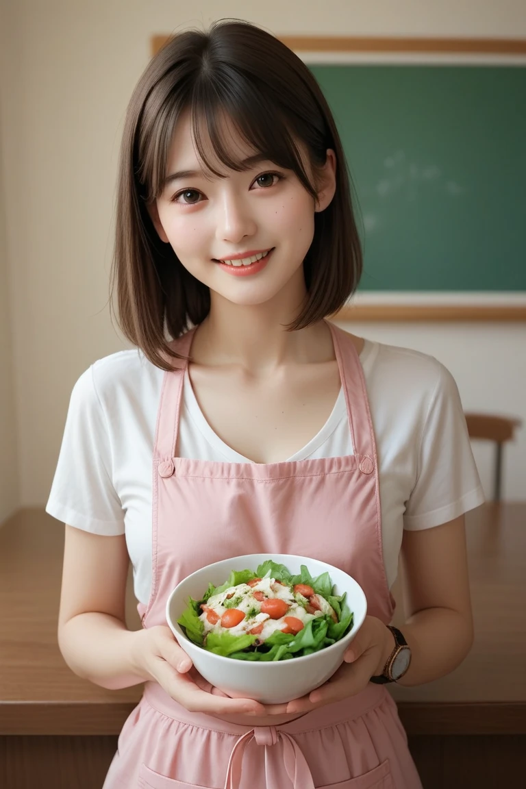 Medium Size Display, Medium Shot, Written boundary depth, bust, Upper Body, Movie angle, masterpiece, highest quality, Very detailed, CG, 8k wallpaper, Beautiful Face, Delicate eyes, Otome, alone, smile, Divide the salad、cute、Pink Apron