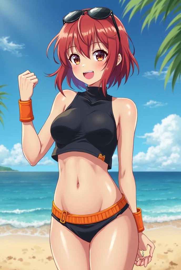 (((masterpiece、Highest image quality、highest quality、highly detailed unity 8kwallpaper)))、((Illustration of one girl))、((orange hair、side pony、orange eyes))、swimsuit、sandy beach