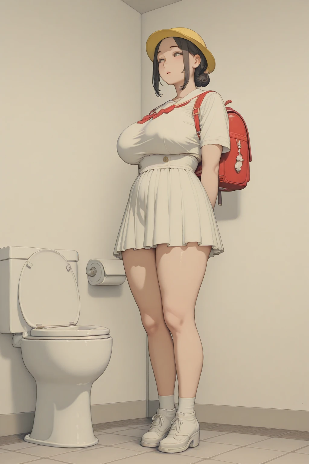 toilet　Sitting on the toilet seat　uniform　Beautiful woman　　Live Action　Bow legs　　sprawl　Put your hands behind your back　Spread your legs　M-shaped feet　Black pubic hair　My heart flutters　Squat　Surprised face　Protruding crotch　Huge boobs　Sleep on your back　Drooping eyebrows　Looking at the ceiling　　Heavy makeup