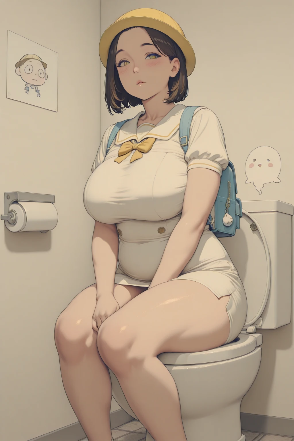 toilet　Sitting on the toilet seat　uniform　Beautiful woman　　Live Action　Bow legs　　sprawl　Put your hands behind your back　Spread your legs　M-shaped feet　Black pubic hair　My heart flutters　Squat　Surprised face　Protruding crotch　Huge boobs　Sleep on your back　Drooping eyebrows　Looking at the ceiling　　Heavy makeup