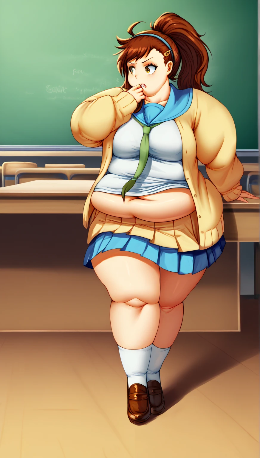 score_9, score_8_up, score_7_up, source_anime, KitagawaMarin, 1girl, ((very drunk)), ((staggers)), ((belly full of alcohol)), ((bloated stomach)), upper teeth only, multicolored hair, long hair, magenta eyes, ear piercing, earrings, pink nails, makeup, MarinSchool, bead bracelet, black choker, neck bell, ring, collared shirt, ((white shirt unbuttoned)), short sleeves, blue necktie, plaid skirt, ((blue skirt pulled down)), tied shirt, standing, looking at viewer, ((has a stomach ache)), ((shows her  )), ((shows her )), indoors, classroom, blurry background