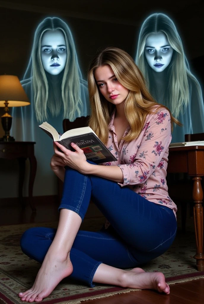 masterpiece, perfect representation of a disturbing scene. foto, Beautiful woman, intelligent, serene and serious, in the center reads a book of horror stories, seated woman, slim but curvy woman with crossed legs. Behind her, the shadows of translucent ghosts who watch her worriedly. ( they stare at her, ghosts who watch her worriedly) low angle shot, Ghosts emerge from her story. Vivid colors, but in the moonlight, chiaroscuro, ghosts in backlight, other candle lights, blonde, with a pink flowered blouse and blue pants. Translucent ghosts with a female face, and a sad expression, translucent illuminated from within. living room of an art nouveau house.