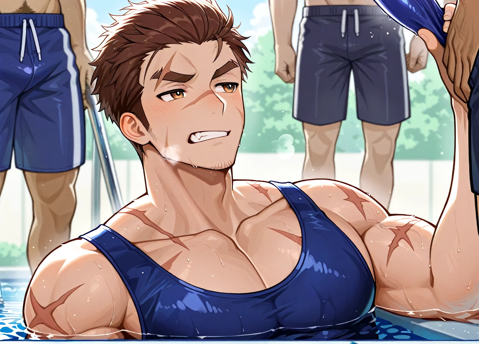 Swimming trunks, blue white clothing, young men, 19 years old, European face, German face structure, light brown hair, messy hair, very short hair, blue-green eyes, detailed eyes, muscular, tall, 6.3 foot tall, strong, light smile, masculine face, wide frame, masterpiece, indoor pool background, school,