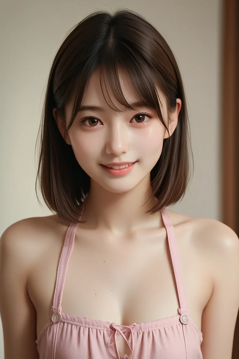 masutepiece, Best Quality, Illustration, Ultra-detailed, finely detail, hight resolution, 8K Wallpaper, Perfect dynamic composition、27 year old cute girl、detailed beautiful faces、Detailed cute droopy eyes、Textured skin、Flushed cheeks、embarrassed from、 (Shortcut Hair:1.3)、(Wavy brown hair )、tiny chest,、Bold sexy poses、Smile、(naked)、full nude,no bra,nopanties,(((pubic hair))), (((small nipples)))