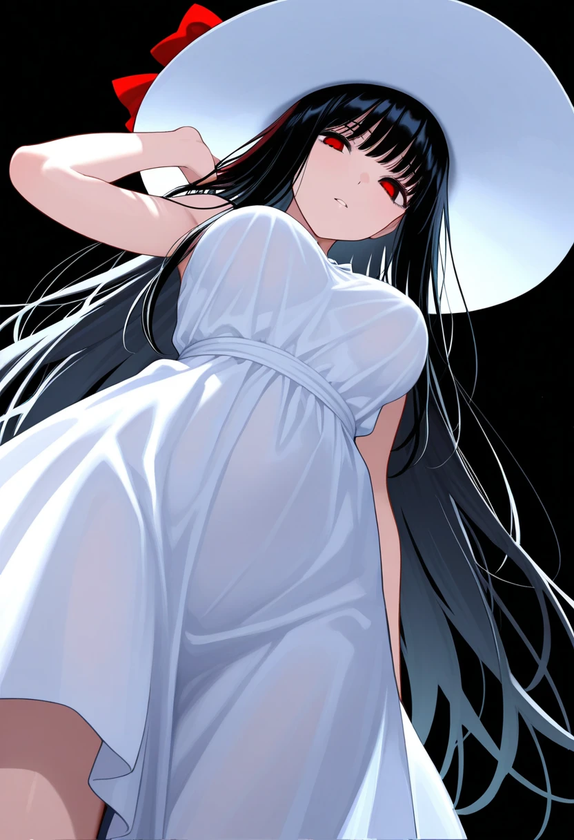 Character design, female, long black hair, white strands of hair one in the bangs 5 at the back of the head, wearing a short white lace dress with spaghetti straps, red eyes, small frame, very skinny, detailed, best quality, no accesoires around the neck, prominent collarbones, skinny arms, flat stomach, full body