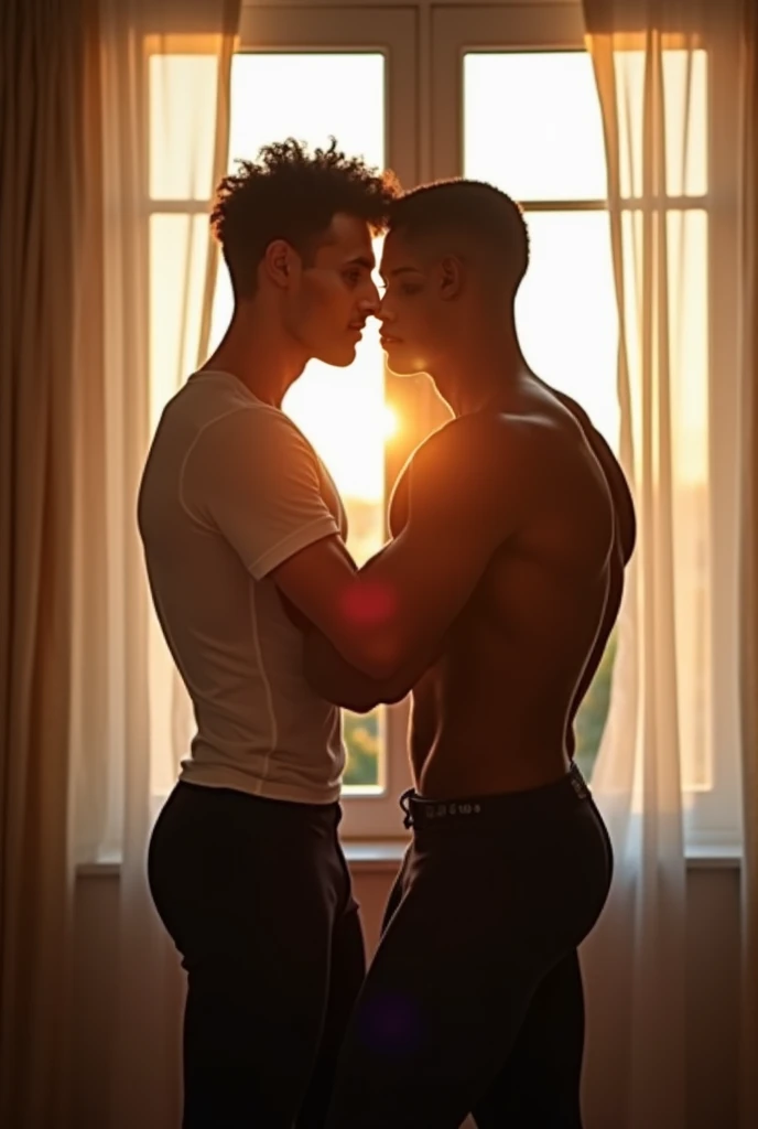 (photorealism:1.2), handsome muscular footbalist  dad kiss his teenage son horny in football court,dad has big penis which son takes it