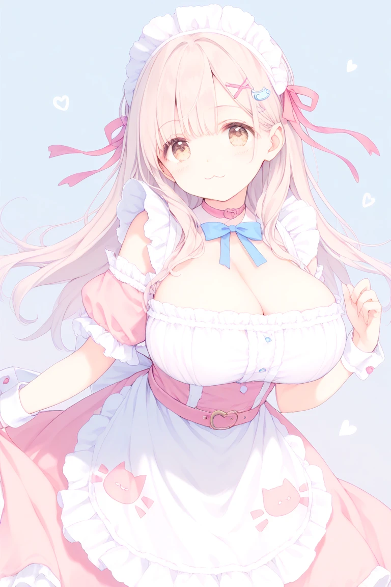 ponytail、Shiny Blonde、Three flower-shaped hairpins on the left sideburn、Slightly desaturated blue eyes、Droopy eyes、Shining Eyes、The eye sockets are paw-shaped、Eyes are dark blue、smile、Open your mouth、Wearing a dress、Brown belt under the chest、masterpiece, highest quality, Official Art, Very detailed, Absurd, 8K resolution, 16-year-old girl, change, alone, 明るいsmile, Transparent clothes, White clothes、A small pink tattoo in the shape of a heart on the left cheek、Fine grain、ragged bangs、Pink hair、Blush and redness、Gradient hair、Ample Bust、Perfect Face、Big hair ribbon、Short sleeve、Ruffled sleeves、collar、Ribbon on chest