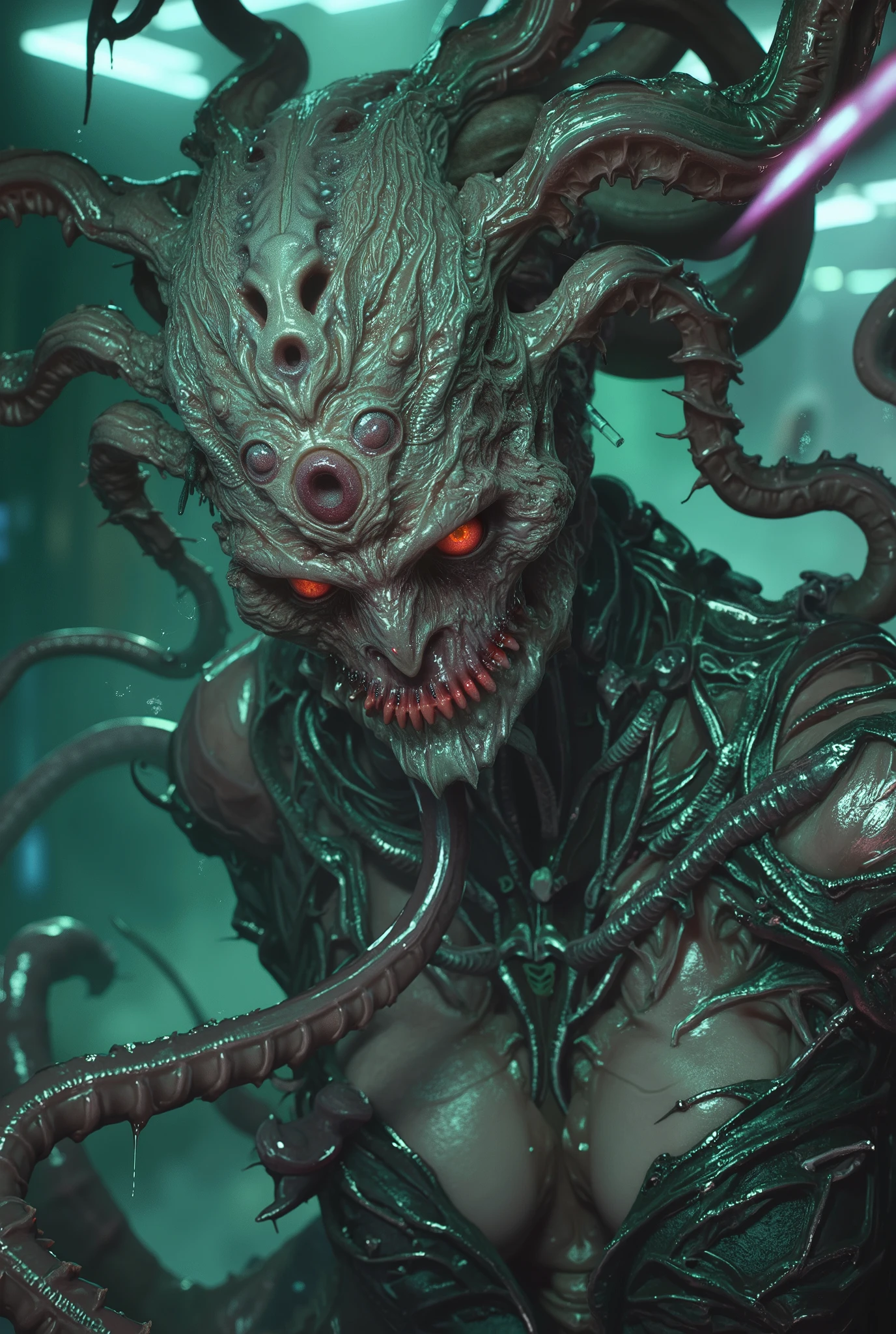 <lora:Androids-01:1> <lora:ManyEyedHorrorAI-000011:1> ManyEyedHorrorAI, cyborg, amazing armor, high details, neon,