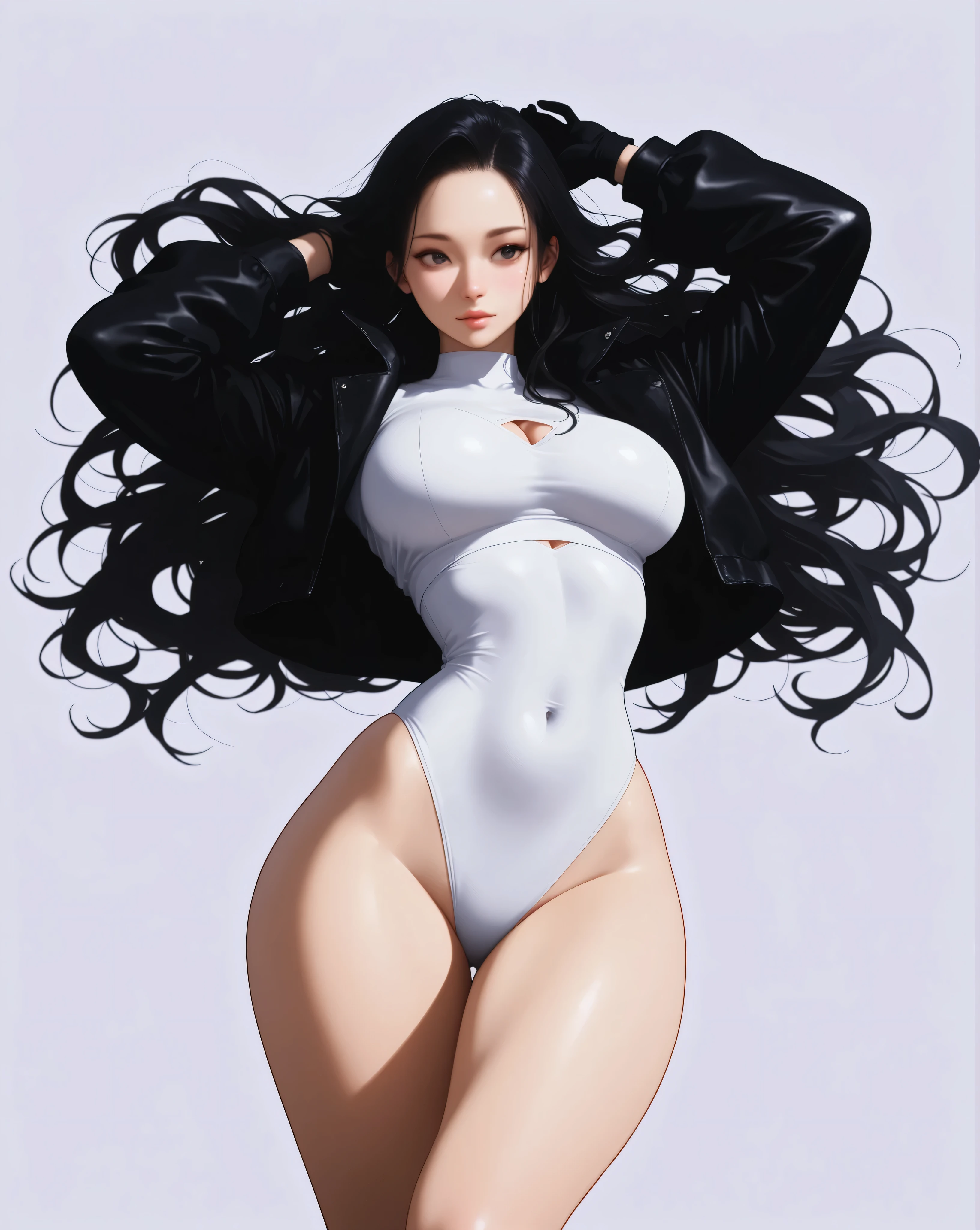 Black wavy hair, perfect figure, to pick figure, white transparent bikini, very large boobs, arms outstretched, legs apart, exposed, vaginal discharge vaginal discharge, sexual arousal, sexual expression, gym, big ass,