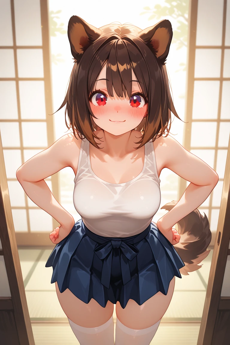 ​masterpiece, top-quality, absurderes, perfect anatomia, 1girl in, 独奏, Fuka Ayase, red blush、a smile, Skirt combing、Panties、inside in room、early evening