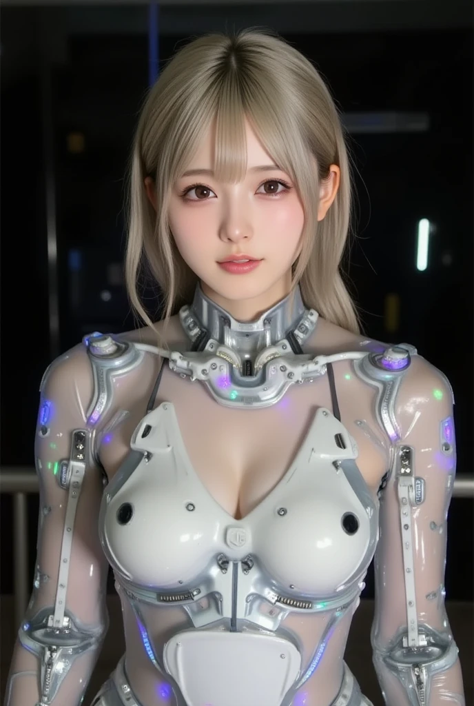 A slight smil、NSFW,((top-quality、in 8K、​masterpiece:1.3))Wearing a silvery-white mech，Girl with a delicate face，The highest image quality，ultraclear，Facial features are delicate and clear，Armageddon，Electromechanical、metals、machine arms，exquisitedetails，(cammel toe)、Mechanical pattern,cyberpunked、Cyber City、digital、Worldview at the end of the century、tron、(Breast exposure、large boob:1.2)、Standing of the whole body
