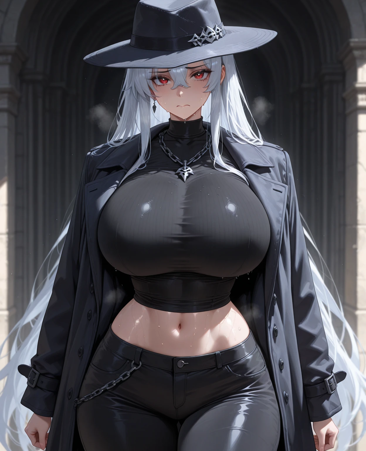 (best quality:1.5, highres, UHD, 4K, detailed lighting, shaders), white wavy hair, gradient hair, large breasts, black shirt, skirt jeans, mature woman , black Witcher hat, (pov), white background, colorful red eyeshadow, dramatic lighting, smile eyepression, golden earrings, flowing hair, delicate facial features, soft skin, high cheekbones, white background, stand up, lean forward, full body