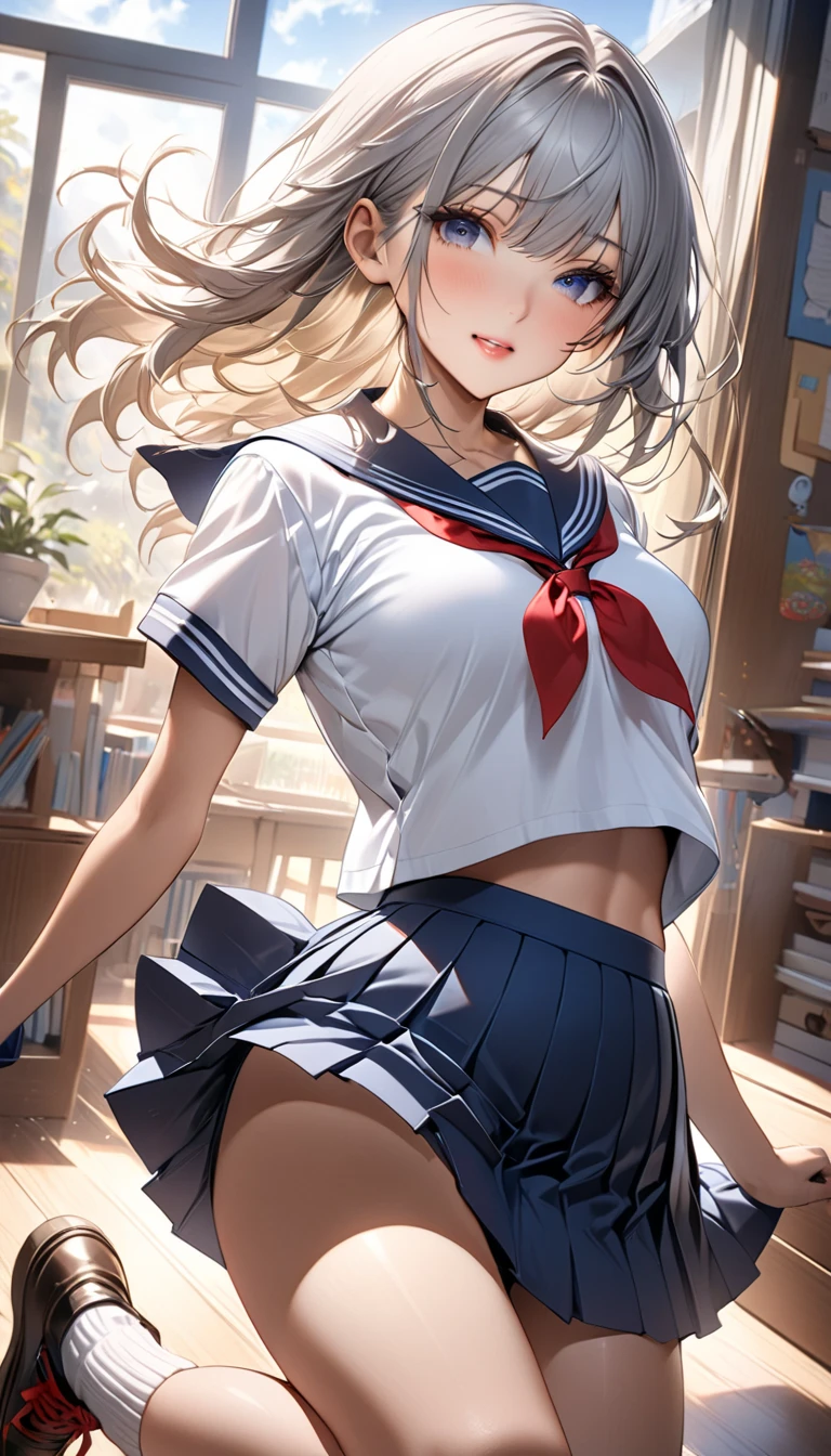 top-quality、realistic touch,high-detail、photoRealstic、thin-waist、captive beauty、big eye、solid platinum-blonde eyelashes、platinum-blonde、full body Esbian、Sparkling eyes, cheeks flushed、thin-waist、In the classroom of the school、She is in estrus、a sailor suit、cocky expression、Super short skirt with V-line visible、Sleeveless、Navel look、small tits、Ponytail hair style、a sailor suit that is extremely short in length、Colossal tits、big butts、Angle from below、Big breasts visible between uniform and stomach、sexy pose