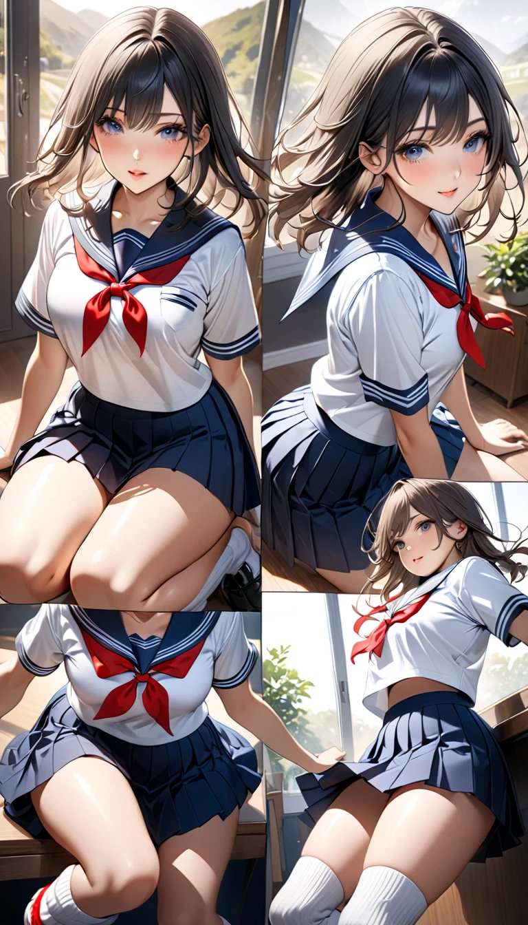 nsfw:1.5,(((Perfect Anatomy, Anatomically correct, Very detailedな肌))), 1 girl, Japanese, high School girl, Shiny skin, Observe the audience, ((Back view, From below)), Beautiful Hair, Beautiful Face, Beautiful details, (short hair:1.1, Bobcut:1.2), Dark blonde hair:1, blue eyes, Baby Face, Mole under the eye, Beautiful clavicle, Beautiful body, Beautiful breasts, Big Breasts:0.5, Beautiful thighs, Beautiful feet,  ((Short sleeve, Cute Sailor Suit, All dark blue, Dark blue pleated skirt, Navy blue sailor collar, Sailor scarf, socks, Brown Loafers)), Captivating thighs, (Red Slave Collar), ((Embarrassing, Scared, sad, tears, cry, Half-open mouth)), Are standing, (((Leaning forward), Taking off white panties:1.8, She&#39;s pulling down her white panties:1.5、Grabbed her panties、Raise one leg,I&#39;m not wearing anything:1.2、Lower body naked、No underwear、 (Pull on white panties:1.5))), (Beautiful views), summer, School, locker room, 8k, highest quality, Masterpiece​:1.2, Very detailed), (Realistic), Beautiful illustrations, Natural light, whole body,Overflowing Sex Fluids:1.5