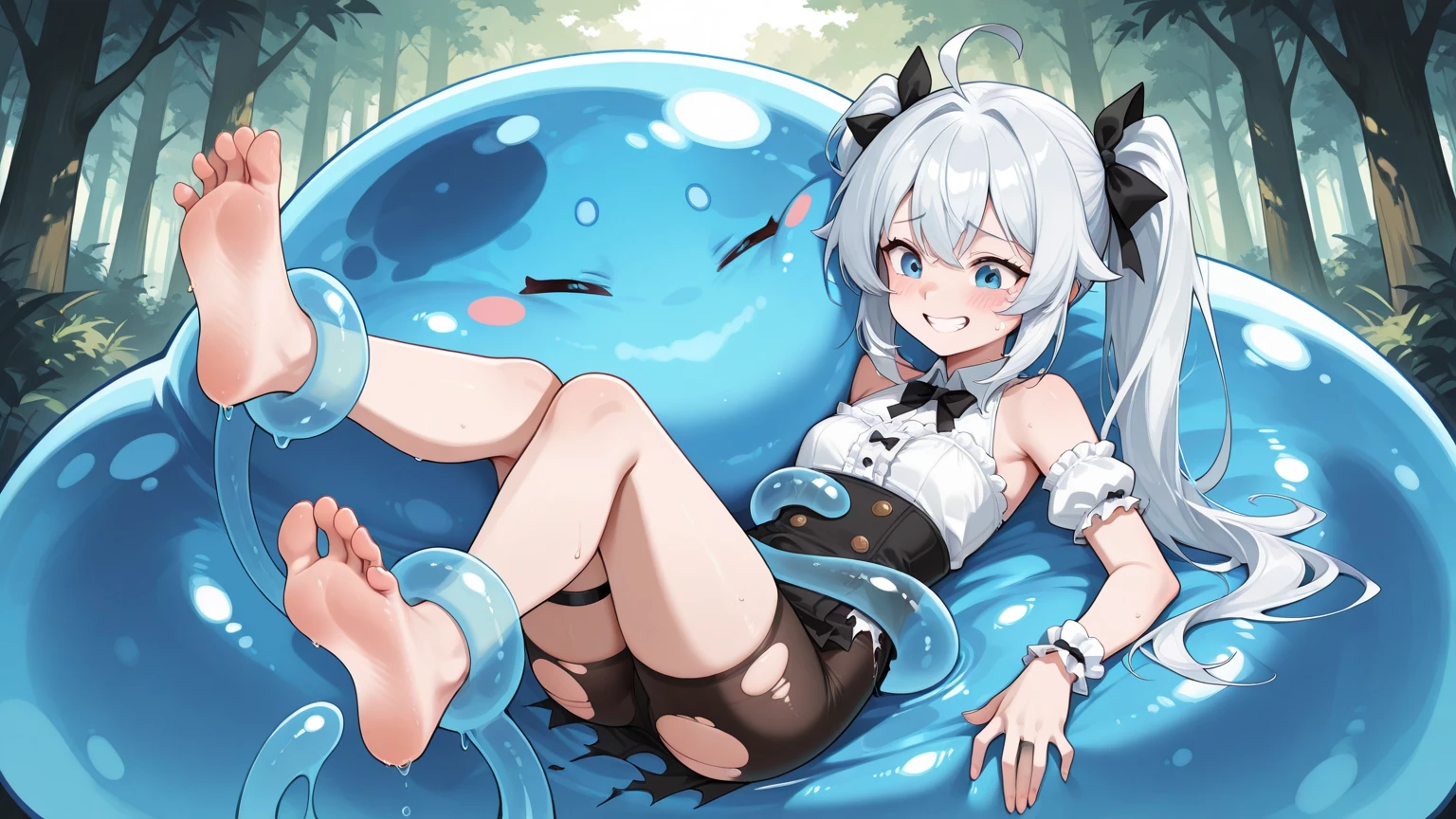 girl(Best Quality,8k,Mastepiece:1.2),Super detailed,Realism:1.37,Genitals fully exposed,Daytime,Sweaty, shiny skin,Soft thighs,Small breasts and big breasts,Fully nude,Sweating,Sweat is water droplets,Long Hair,Gray Hair、2 ponytails on both sides、Are thin、Clothes falling apart、Droopy eyes、Expressionless、Legs wide open、Cling to slime、Tentacles entangled、Forceful spurting of urine、Tentacles penetrate the body、Elf Ears、二人のgirlがお互いのマンコを舐め合う、bedroom