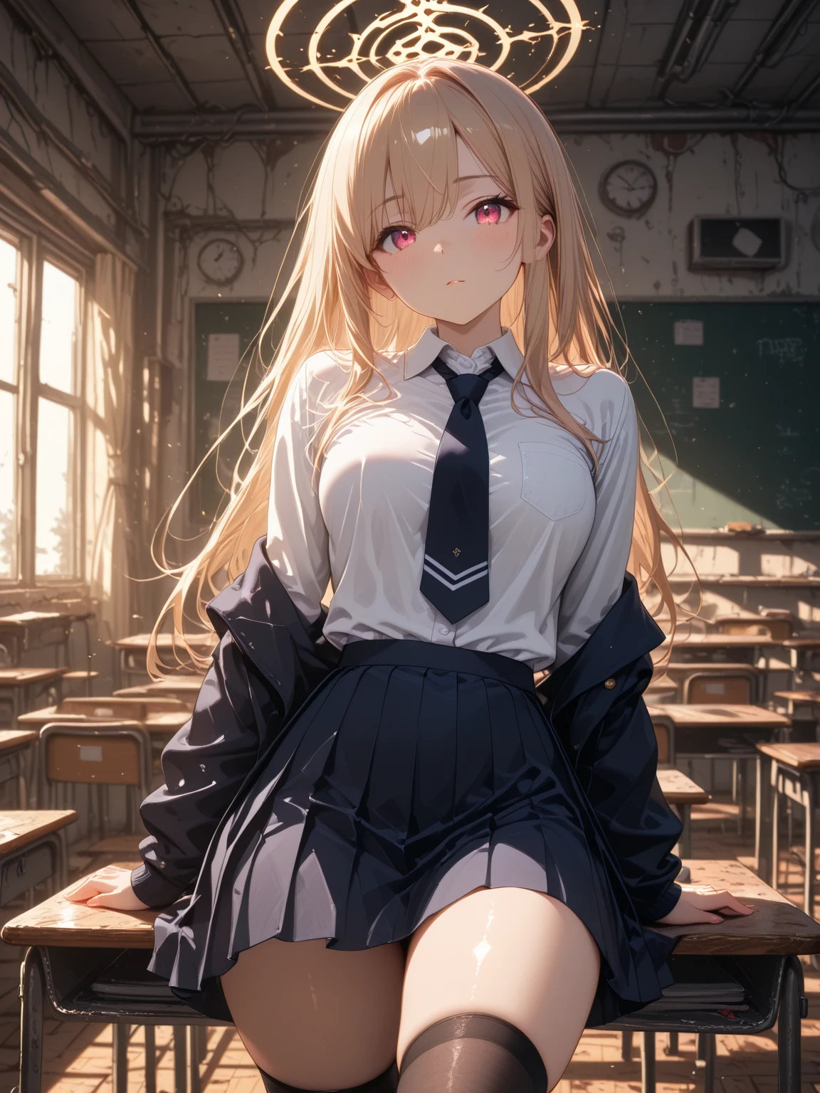 A group of female students, (in classroom), various hair styles, harem, post apocalyptic, details face, short skirt, seducing, school uniforms, dirty body, shattered glass