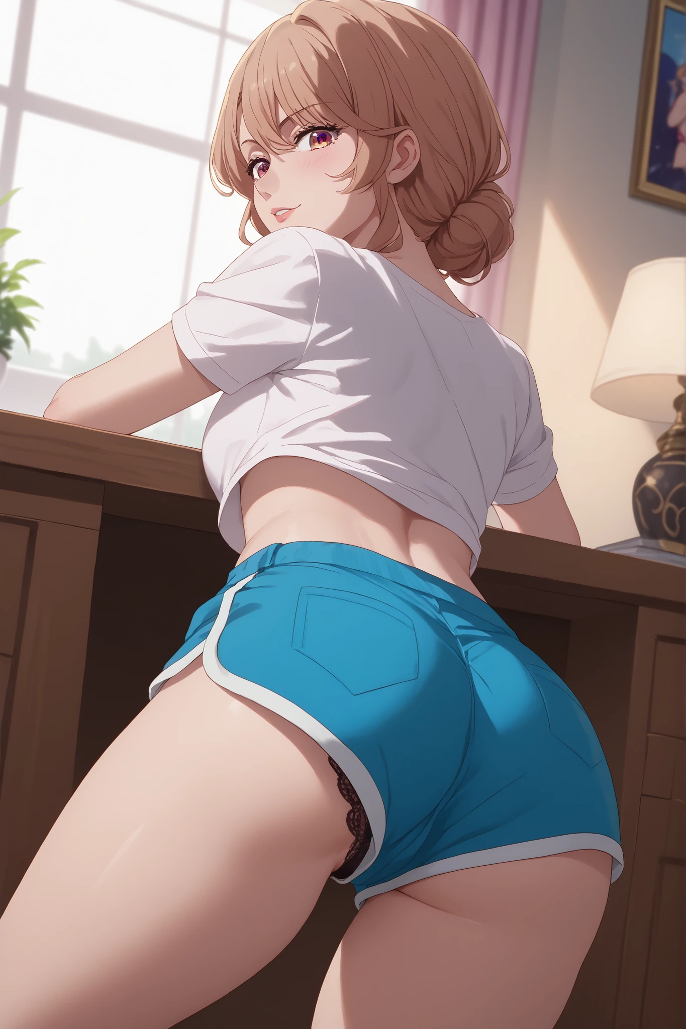 (8k、Live Shooting、Highest quality、masterpiece:1.2)、Super detailed、Ultra-high resolution、In underwear、Light blue thong、Lace Underwear、On all fours