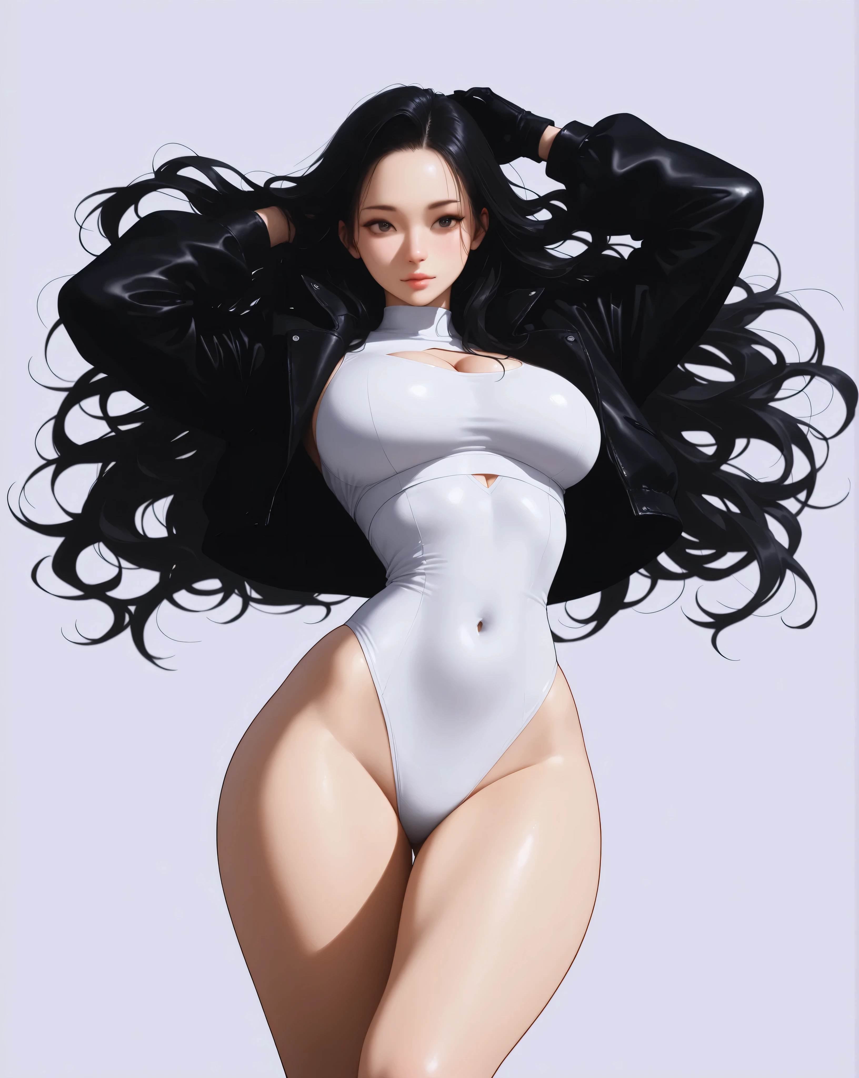 Masters of Animation, A perfect masterpiece, On a snow-white background、Cool outfits, Sexy and modern clothing、Sexy mature modern woman standing, Black Bob, Full Body Stand Posture, Thin legs, ((Large Breasts)), Detailed facial details, Natural and beautiful standing posture, Crisp and realistic body detail,(NSFW:0.8)