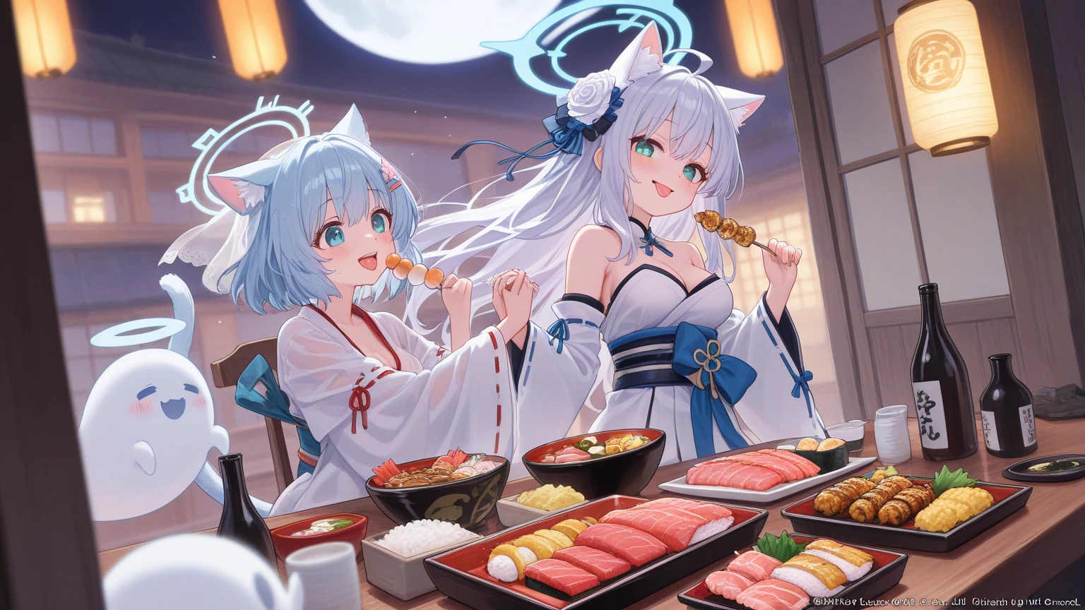 {{{Masterpiece, highest quality, high resolution background}}}, bright and beautiful atmosphere, 3 girls (2 years old, 1 short-tempered round face), 1 (hair, surface effects), small breasts, beautiful sushi A girl holding sushi, a girl eating sushi at the audience, "deltamon_sdXL :0.73) >Deltamon"