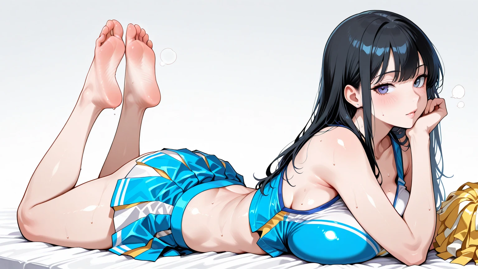 High resolution, woman , good lighting, despicable, , (No nudity), (((navy blue school swimsuit))), ((navy blue school swimsuit)), (((knee high socks))),  abdomen only,  cute face, I&#39;m embarrassed and blush, humiliating, ((sit with legs spread)), ((wet with sweat))((A sticky  adheres to your swimsuit.))sit on the bed in the room、