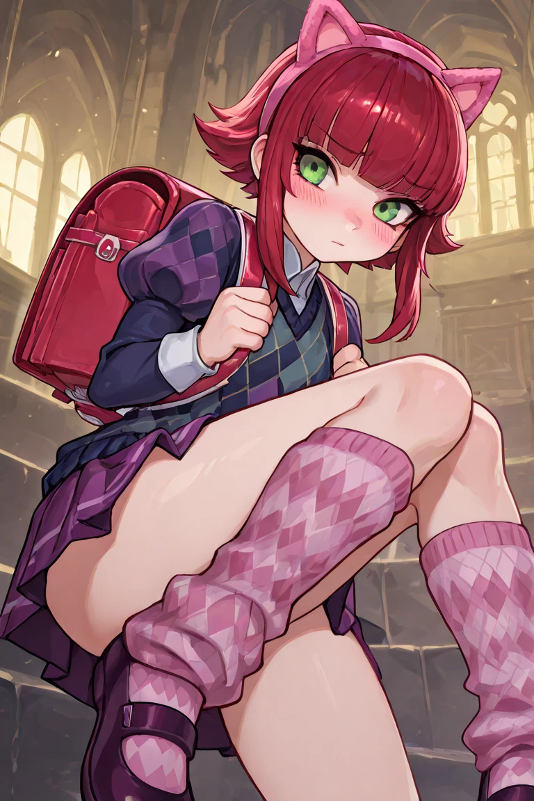 Girl with pink hair, long twin-tail hairstyle, small bushy eyebrows, dressed in gothic lolita clothes, lolicon (Zankuro) drawing style by zankuro artist, Zancrow style, image uploaded to R34, walking to school, flirty smile, lifting her skirt to show her vagina wet with semen, standing in the middle of a church during mass