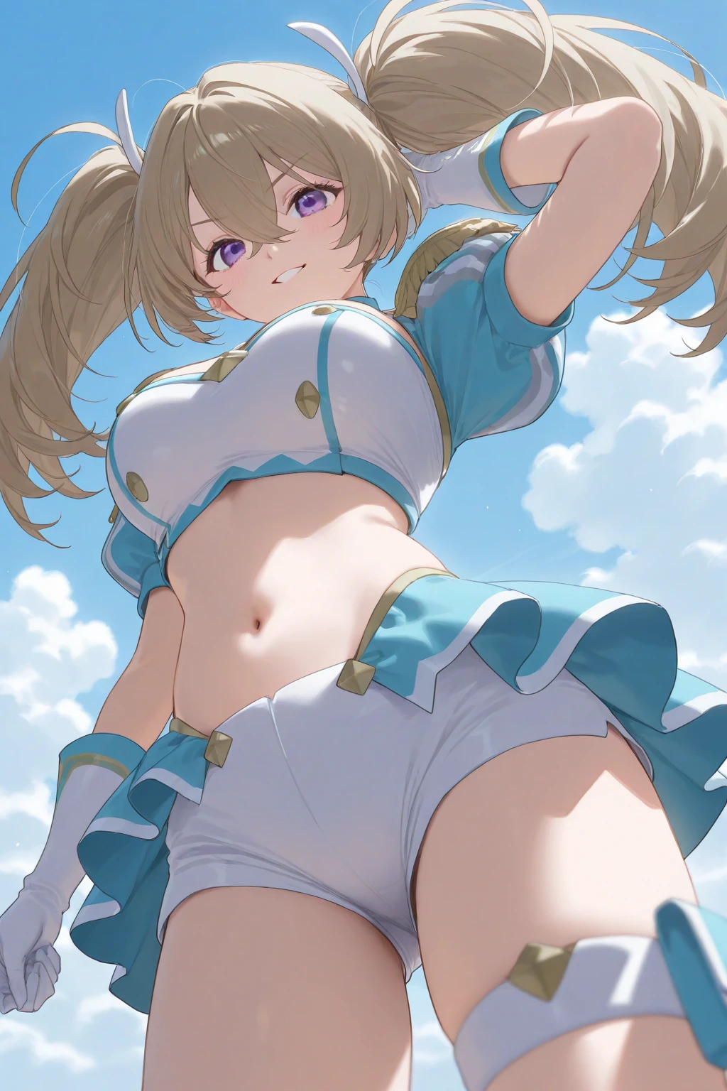 Zelda,short detailed hair,short detailed hair,Underwear looms,white panties,The girl smiled,The girl raised her hands,Exposing armpits,squat with your legs spread open,Long legs,beautifullegs,Masterpiece, Best quality, A high resolution, Medium breasts, Outdoors, standing, Cowboy shot, (dress lift:1.5),White panty hose,showing armpit