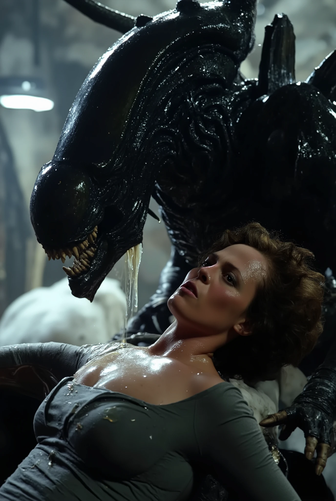 a massive xenomorph dick fuck unconscious Ellen Ripley pussy hard, Ellen Ripley is gunge all over her body and cum on her face
