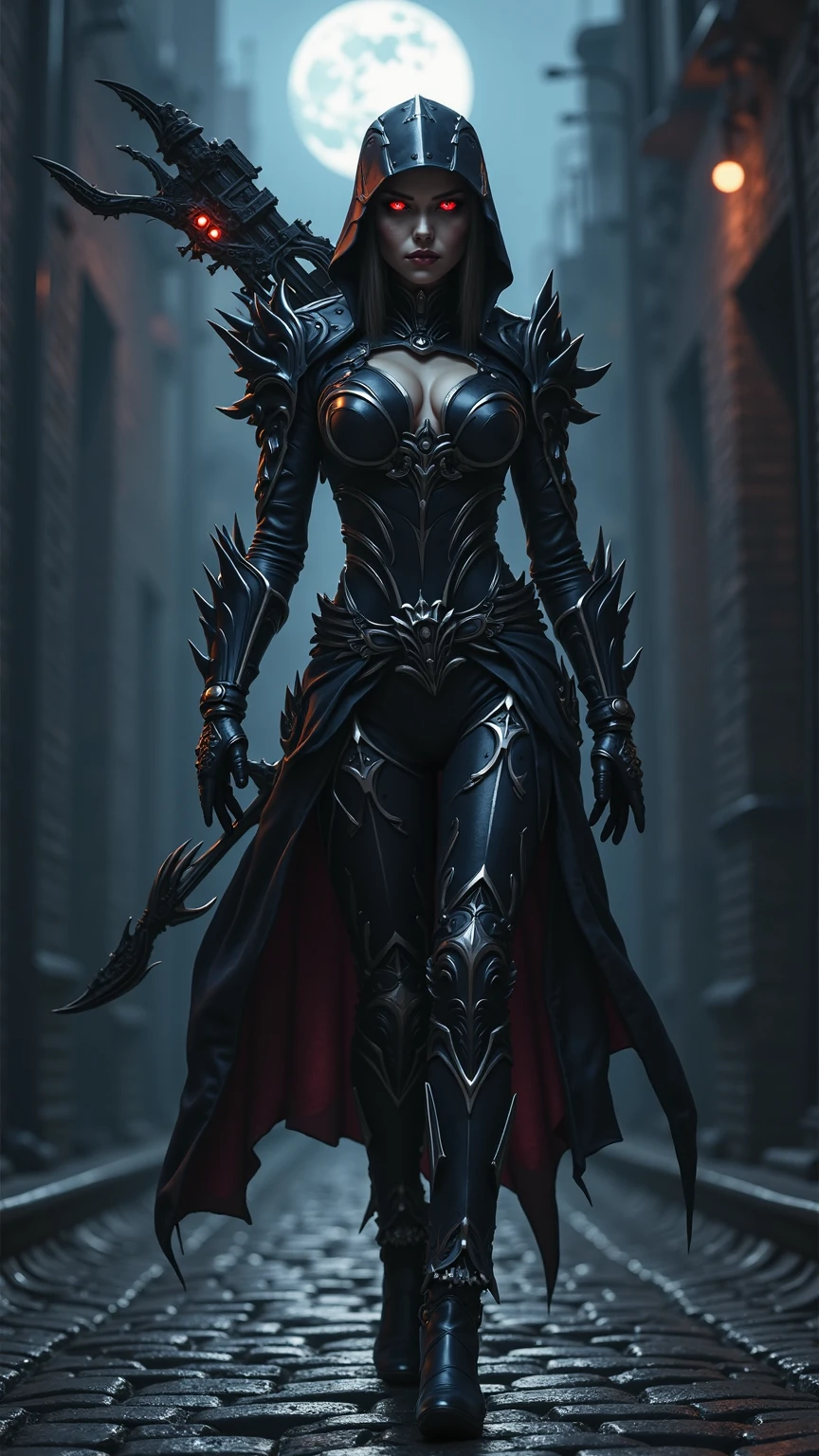 wearing a black dress,An Arad woman with large hair, intricate costume design, wearing witchblade armor, unreal engine rendered + A goddess, 4 K detail fantasy, fantasy style 8 k octane render, cinematic goddess close shot, photogenic details on armor, cinematic goddess shot, detailed cinematic render, cgsociety 8 k, cgsociety 8k, cgsociety 8k