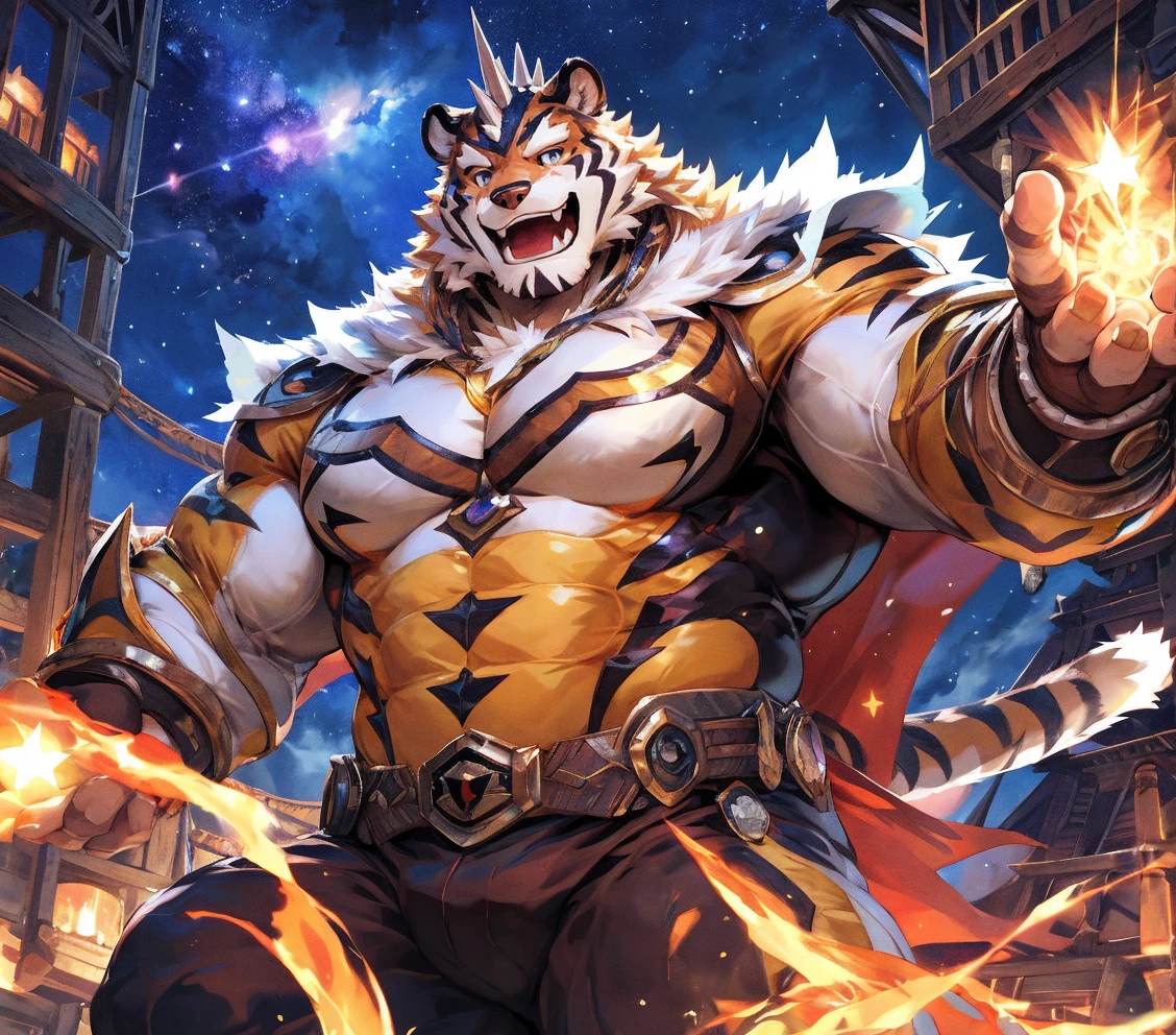 Solo, tiger, black tiger, tiger male, gray hair, white body fur, muscular male, elder male, light red eyes, wearing nothing, gray fur tuft, eastern necklace, star night background, ( by Sollyz, masterpiece, 8k, hd), Looking at viewer, smiling, detailed face, detailed eyes, detailed hair, detailed muscles, detailed clothes, Genshin, nude lower body, bulge on crotch,