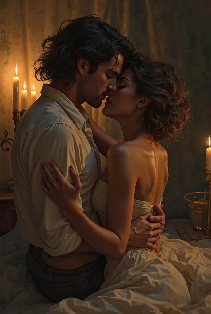 A 3 bearded man should hug a naked woman, have a lot of sun and moon behind them, have white skin and blue hair, have a big candle next to him, and have the man dress like in the 1940s.