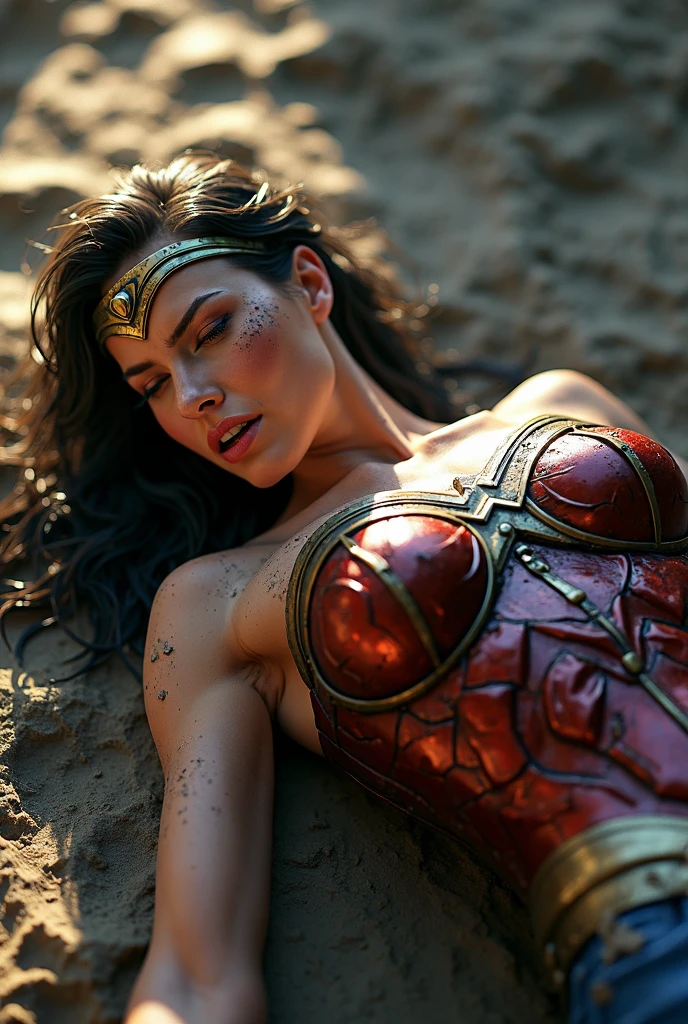 1girl photo, wonder woman, superhero, lying, Lying on the back, arms out to the sides: Bend the knees, point the toes, realistic, torn  , (torn clothes, exposed clothes:0.7), realistic blue eyes, dark hair, lips, long hair, solo, (ripped  clothes, torn clothes:0.7), natural skin texture, slightly tanned skin tone, mature, , elastic muscles, (muscles:1.3), ((strong and healthy body)), ((more) muscles))), long legs, curves, thick thighs, wide , thin legs, (:1.3) thin waist, (perfect big  and wide :1.2), (detailed skin), (( )), (wet skin), sweating, (wet body), (beautiful and  woman), photorealistic, photography, masterpiece, realistic, realism, photorealism, high contrast, photorealistic digital art trends on Artstation 8k HD high definition detail realistic , detail, skin texture, hyper detail, Realistic skin texture, armature, best quality, ultra high res, (photorealistic:1.4), high resolution, detail, raw photo, sharp re, by lee jeffries nikon d850 film stock photography 4 kodak portra 400 camera f1.6 lens rich colors surreal vivid textures dramatic lighting artstation cinestill 800 unrealengine trends